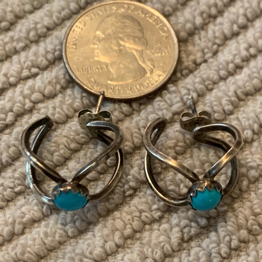 Vintage Native American Turquoise & Sterling Silver Earrings - miniature cuffs!